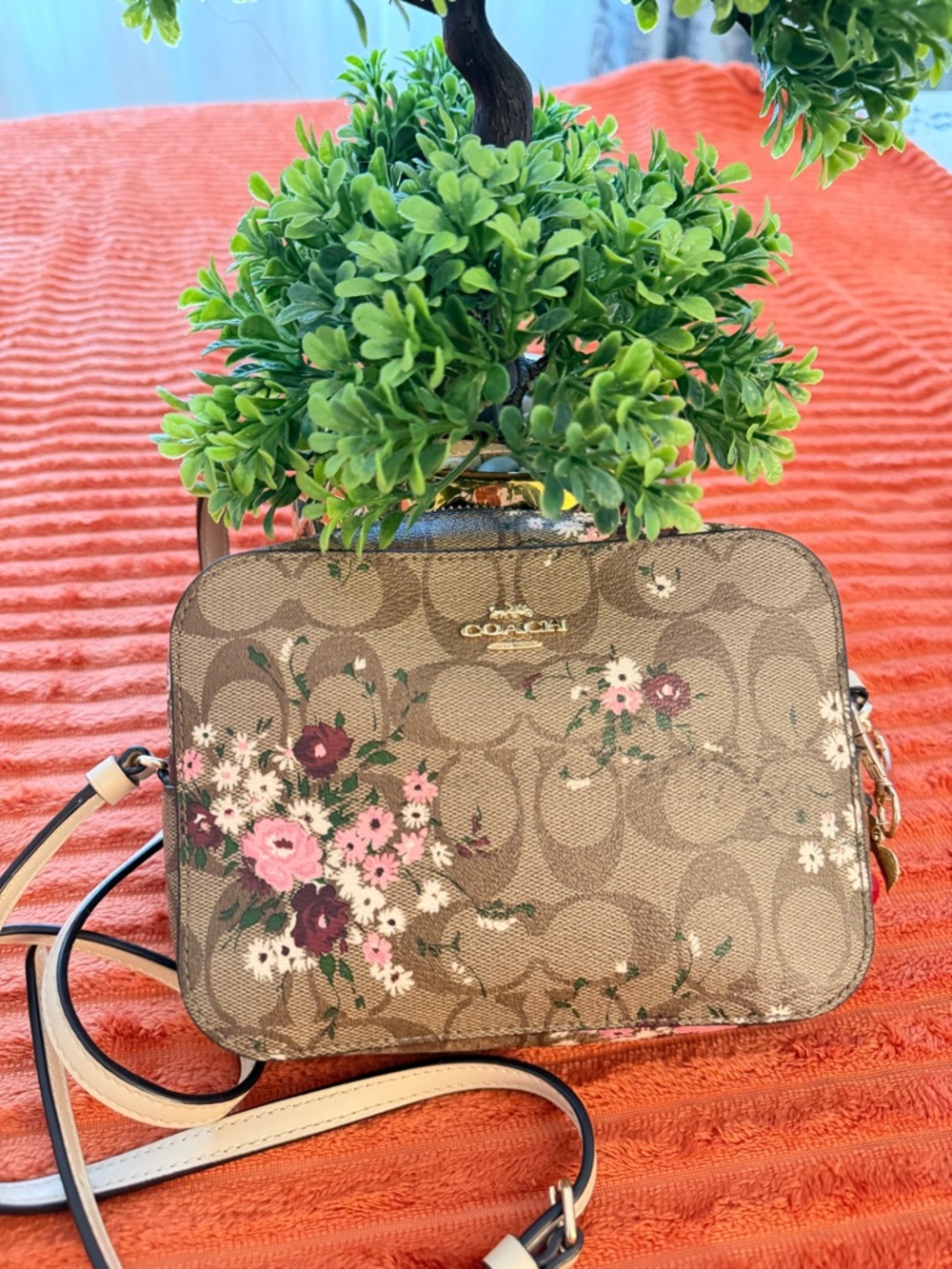 Coach Brown Floral Signature Crossbody with Pink Accents